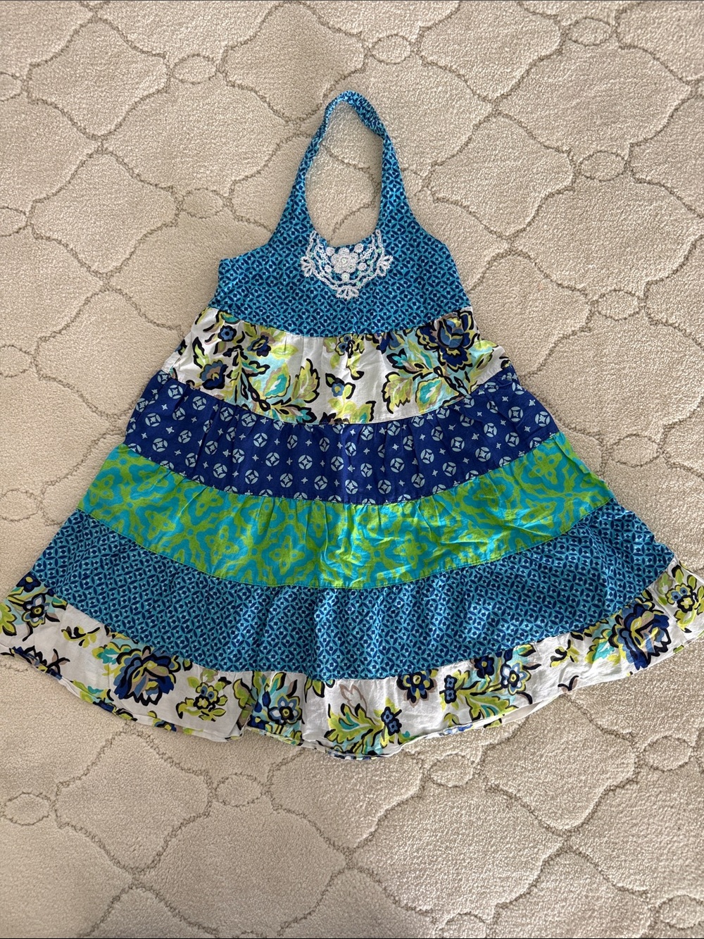 1989 Place Blue, Teal & Green Tiered Halter Dress